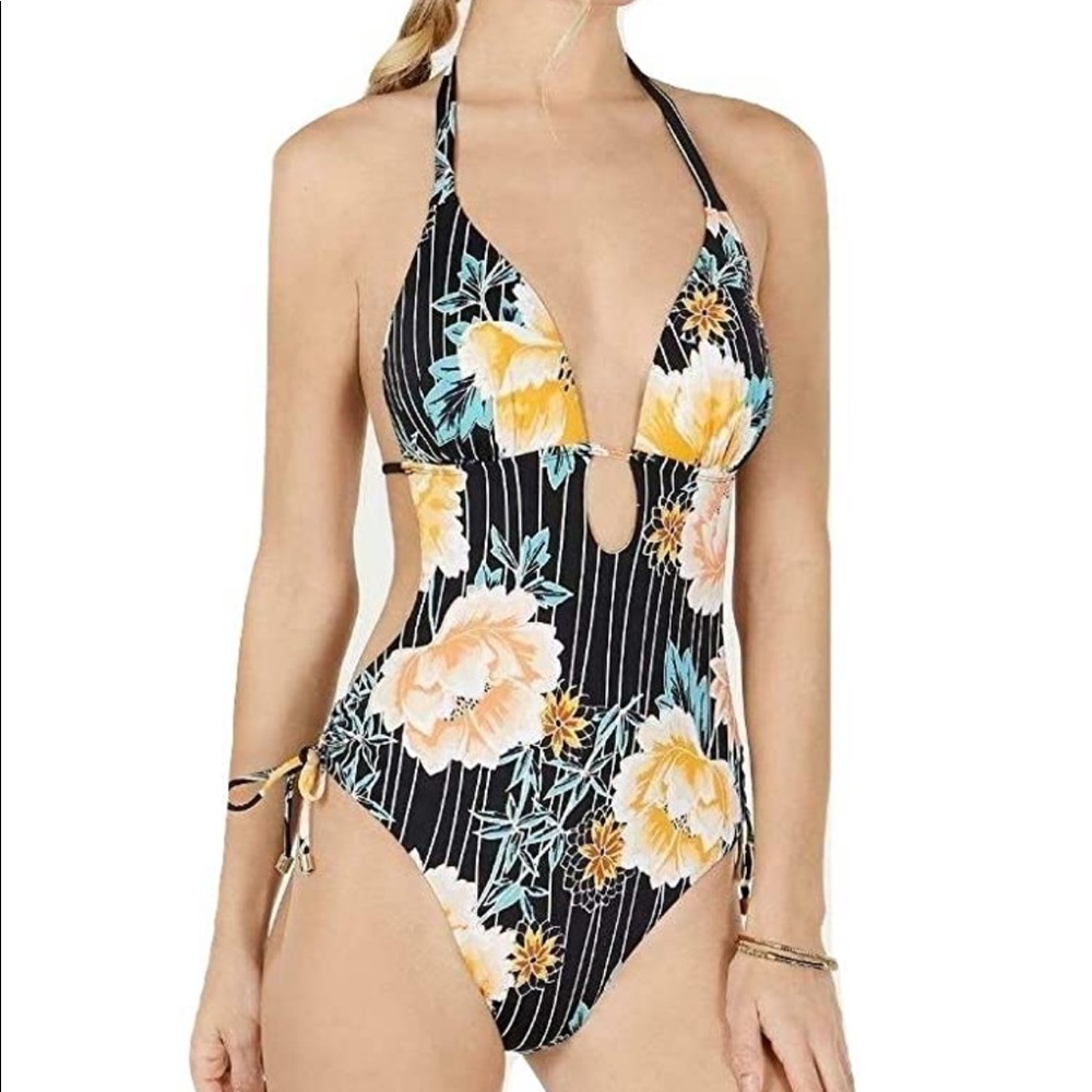 Bar III  Stripe Plunging Lace Front Swimsuit